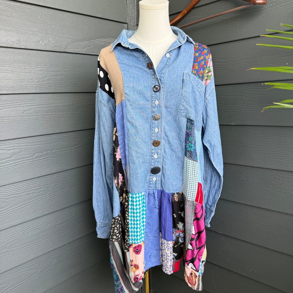 Retro Vare Patchwork Denim Shirt Dress Mixed Print Button Front Oversized L